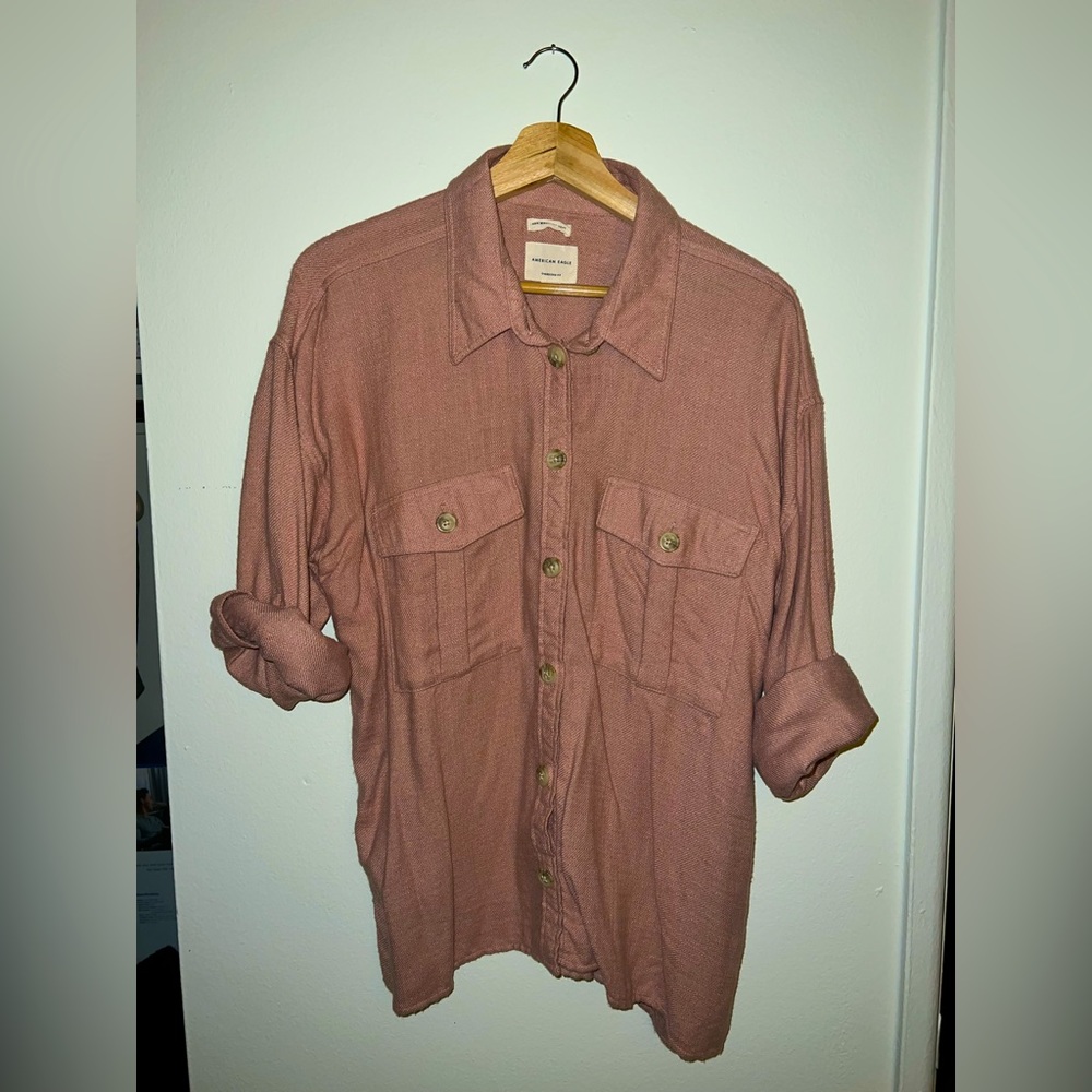 American Eagle Ahh-mazingly Soft Blush Collared Oversized Cargo Shirt Size L